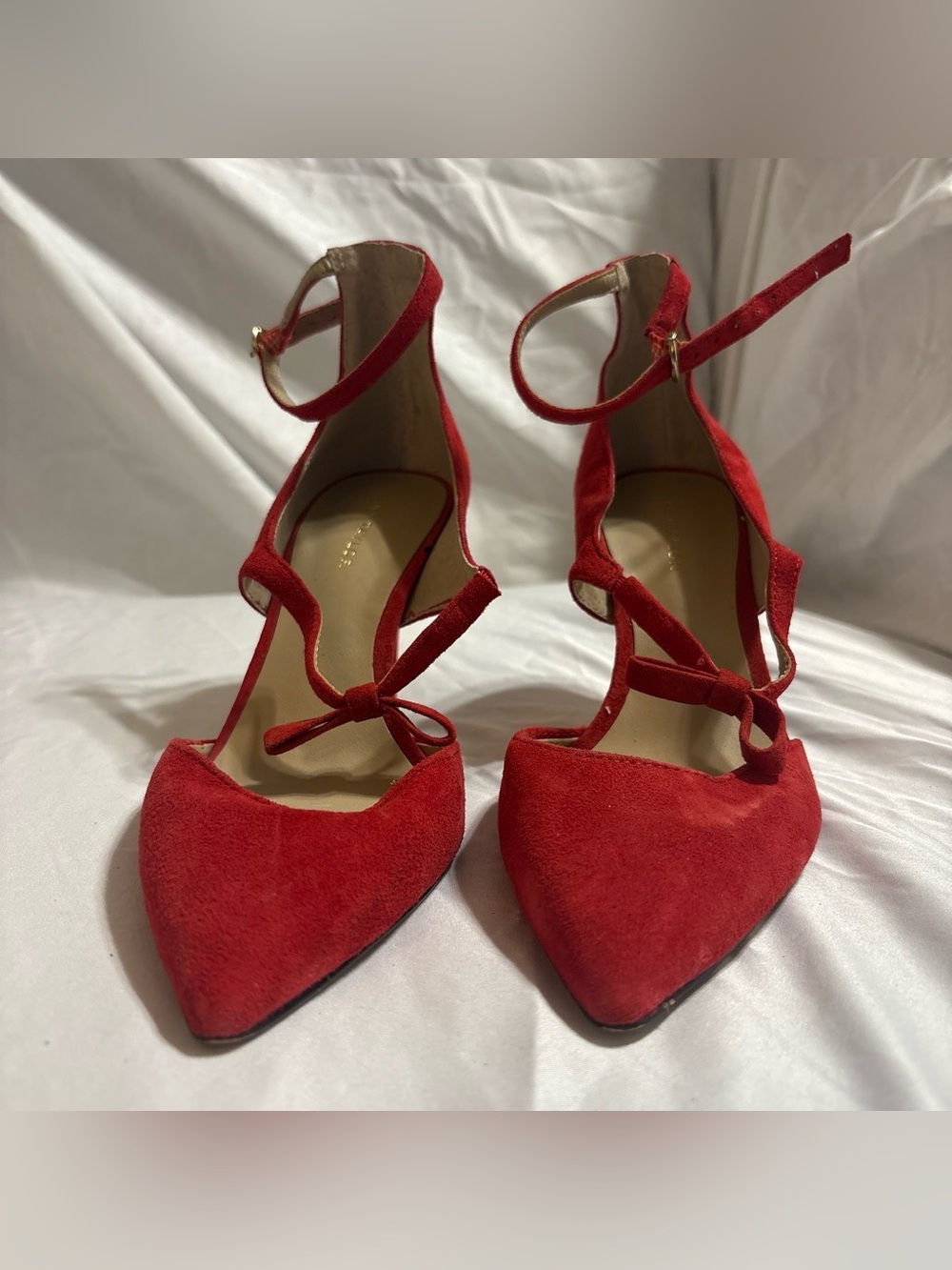 Ann Taylor Red Pointed-Toe Ankle-Strap Heels with Bow